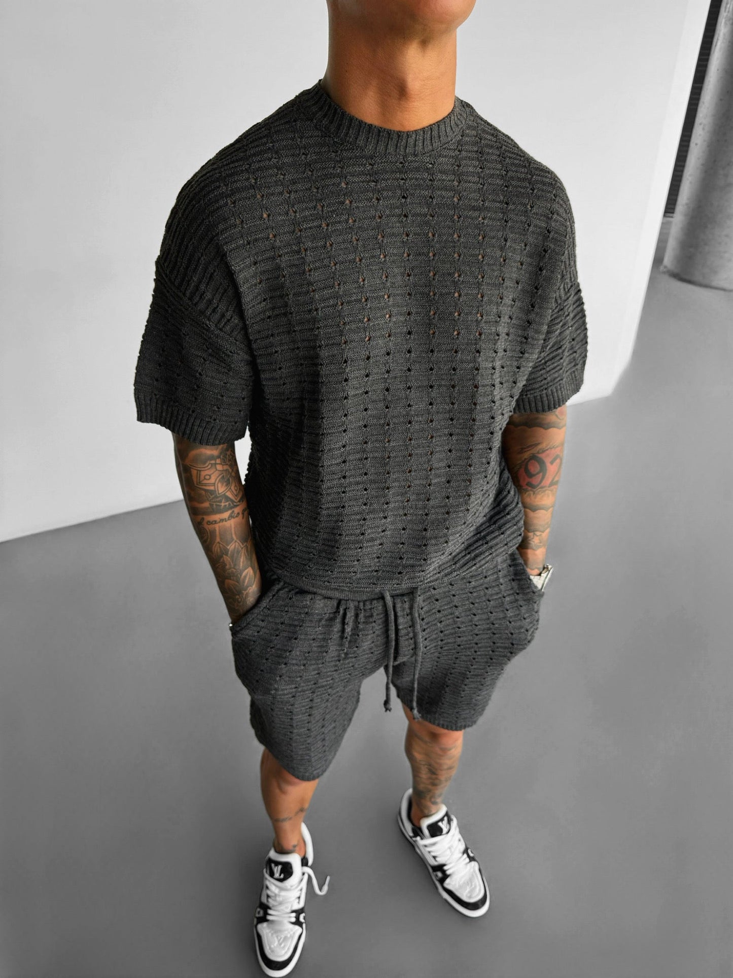 Oversized Gaten Gebreid T-shirt - Antraciet