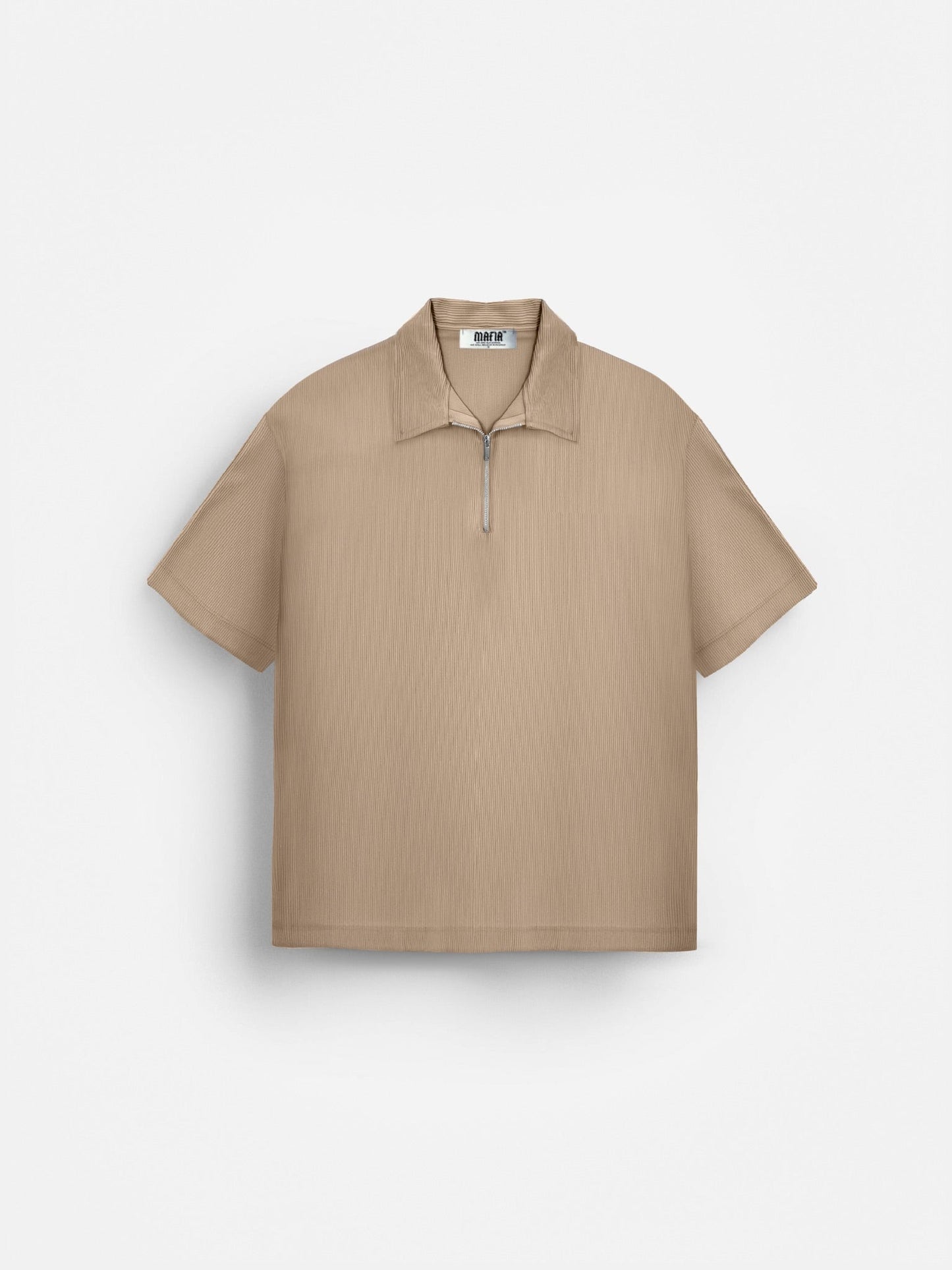 Oversized Layered Zip Polo T-shirt - Beige