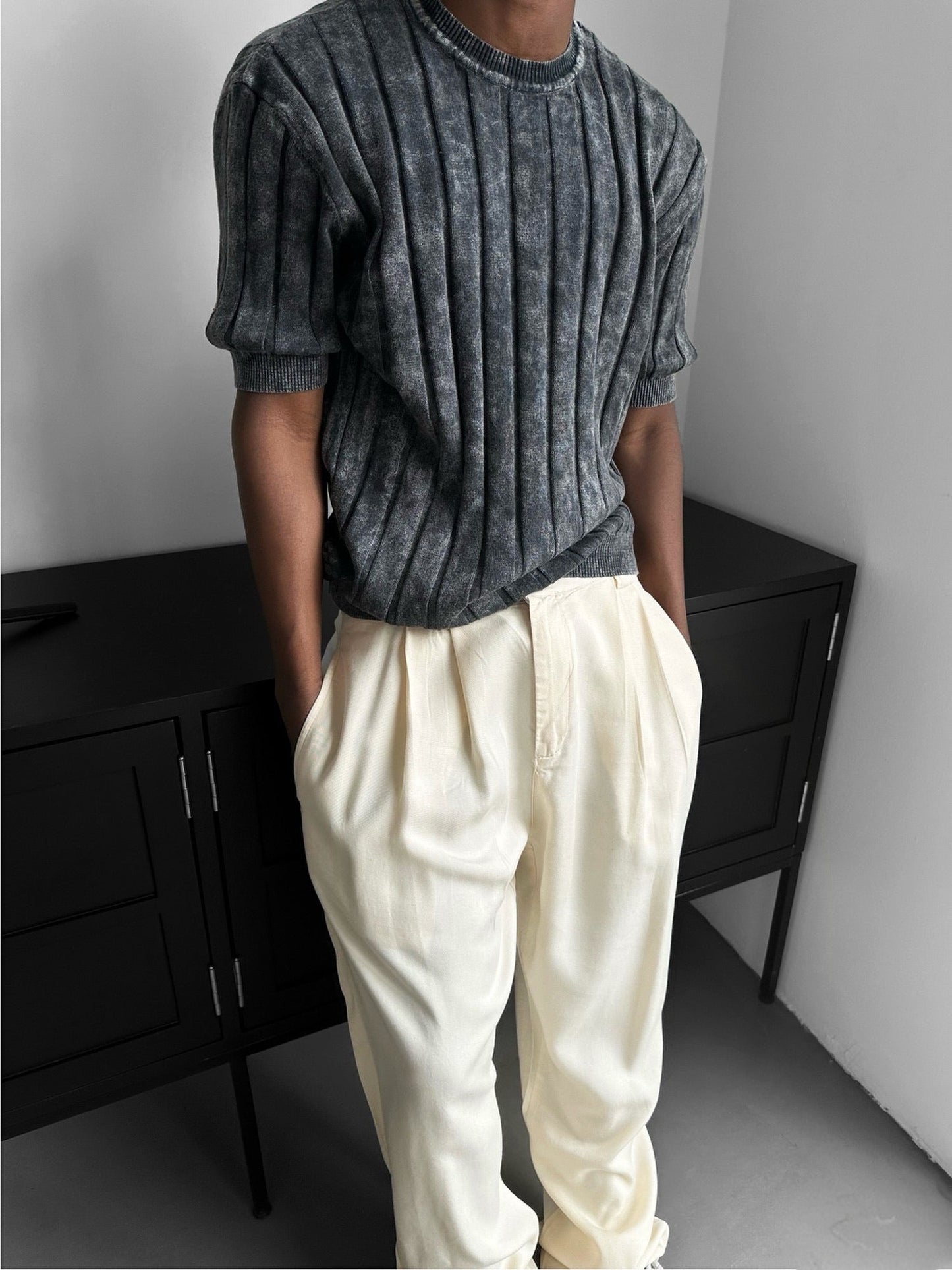 Slim Fit Washed Lines Knit T-Shirt - Anthracite