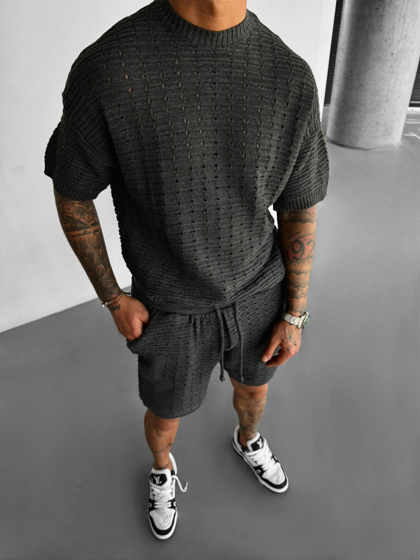 Oversized Gaten Gebreid T-shirt - Antraciet
