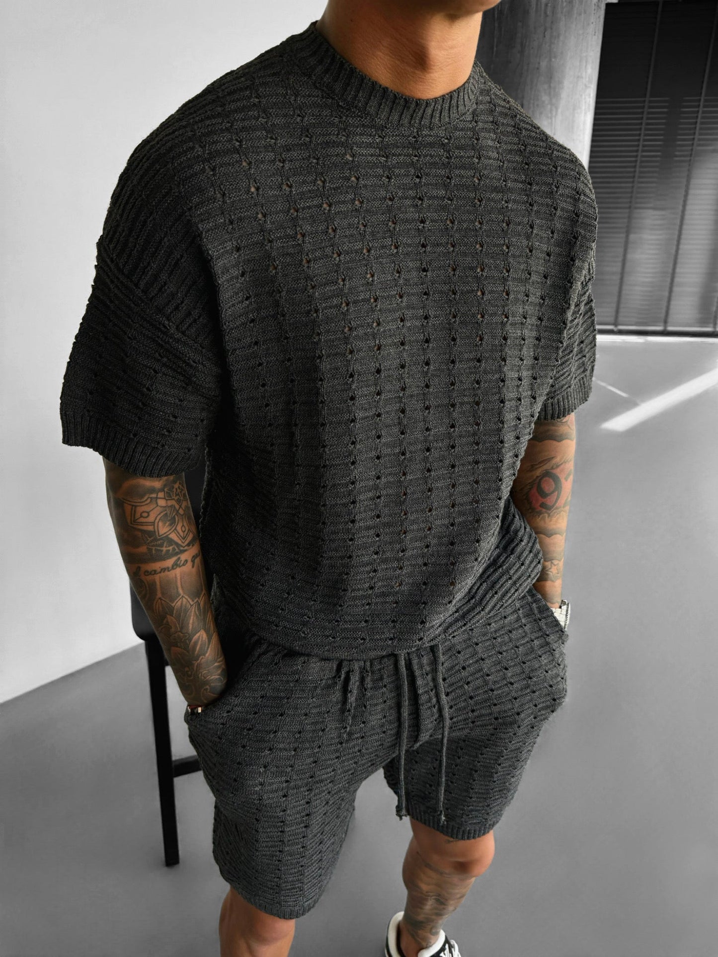 Oversized Gaten Gebreid T-shirt - Antraciet