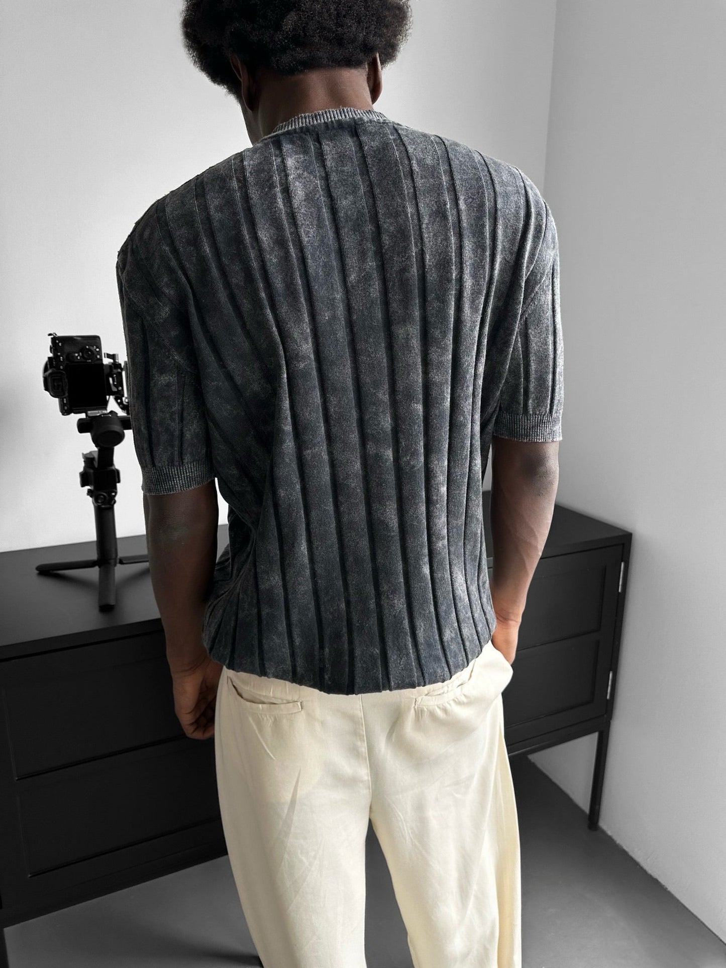 Slim Fit Washed Lines Knit T-Shirt - Anthracite