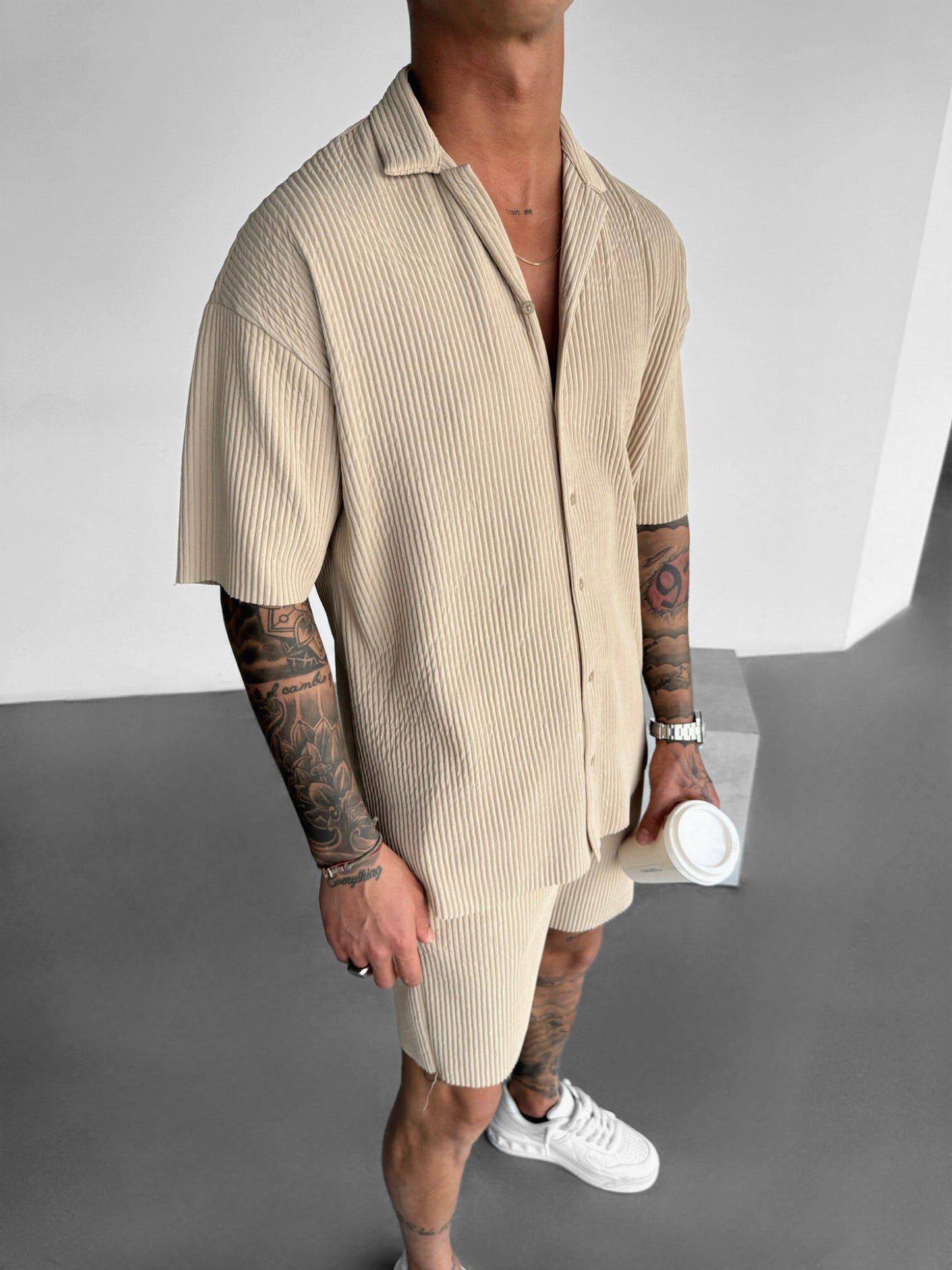 Oversize Ribbed Shirt - Beige