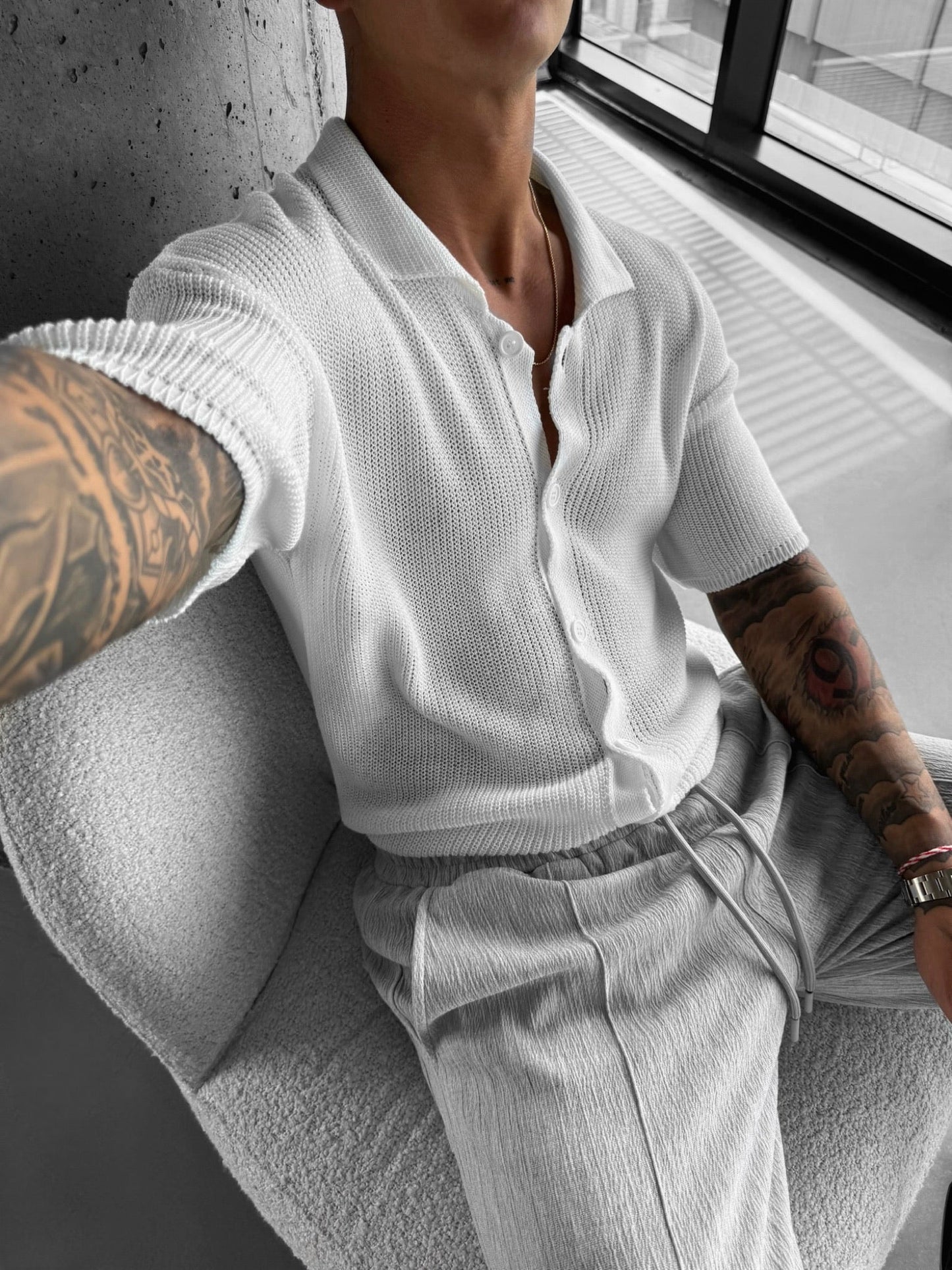 Oversized Long Knitted Shirt - White