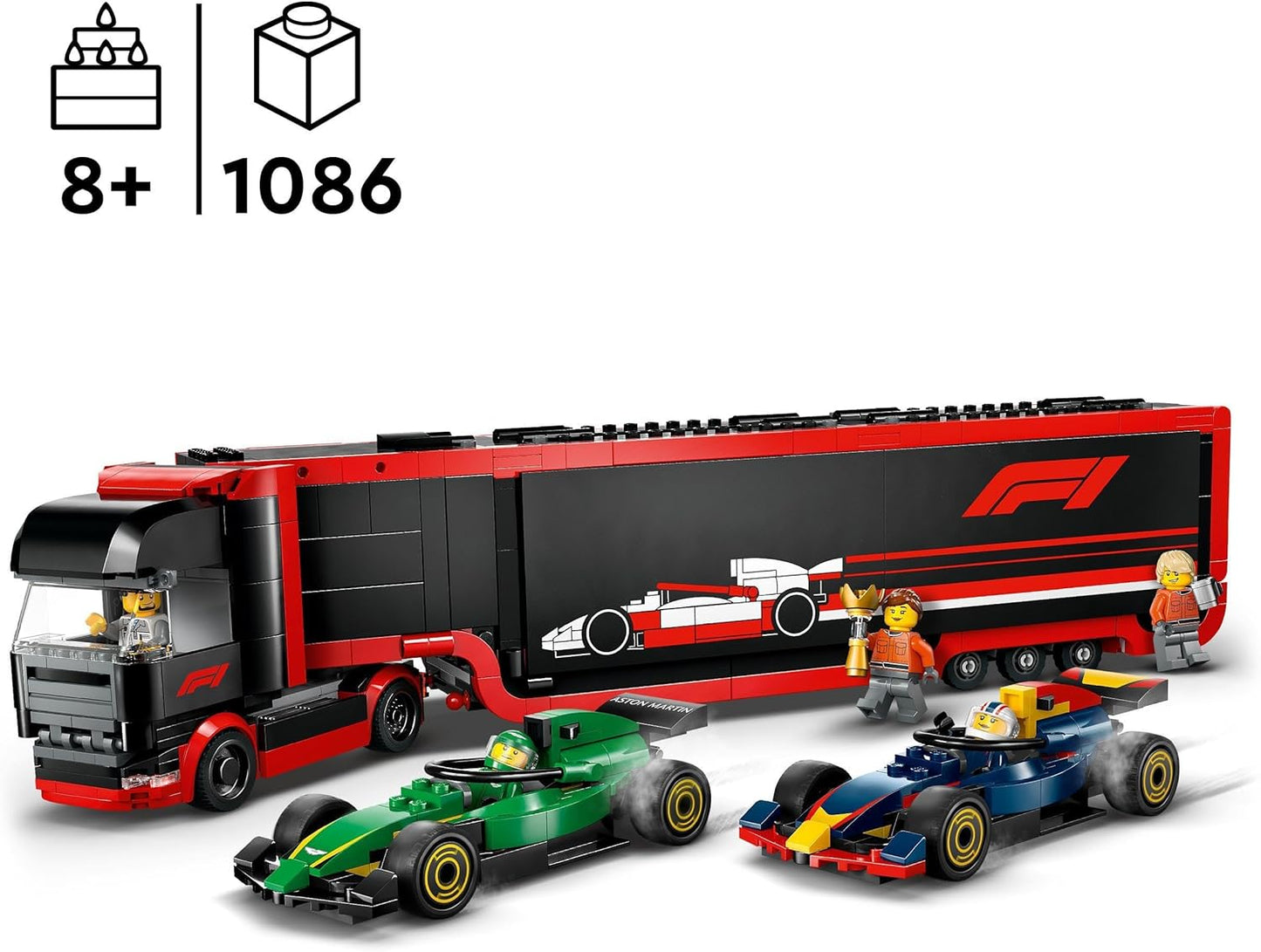 LEGO City F1 truck met RB20 en AMR24 F1