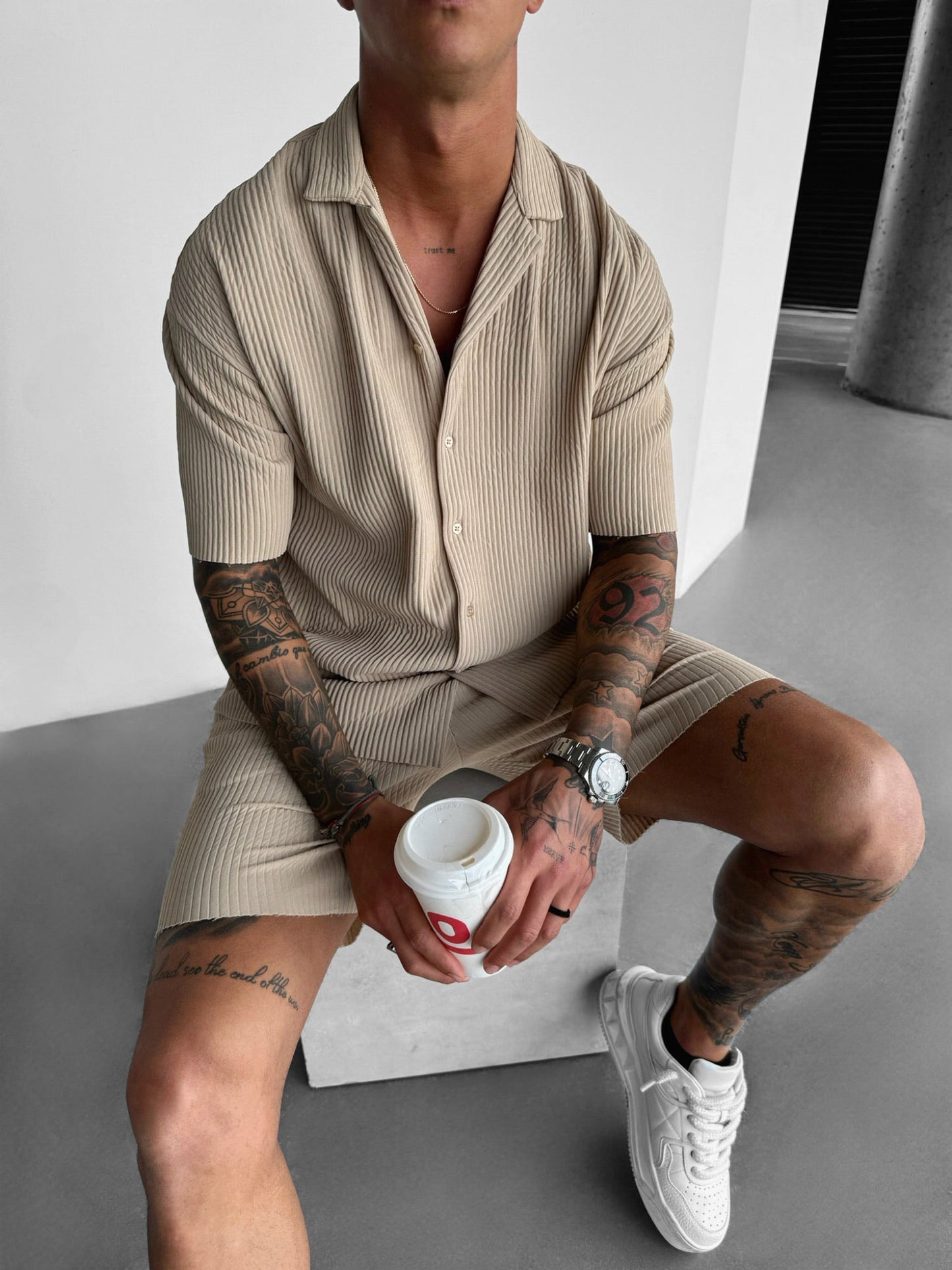 Oversize Ribbed Shirt - Beige