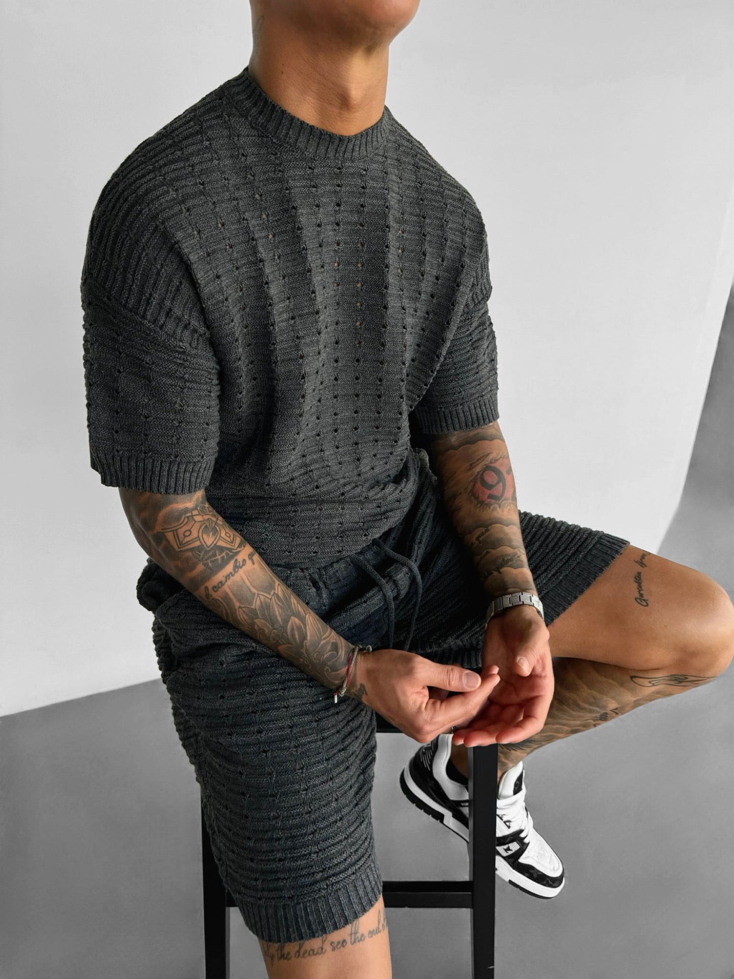 Oversized Gaten Gebreid T-shirt - Antraciet