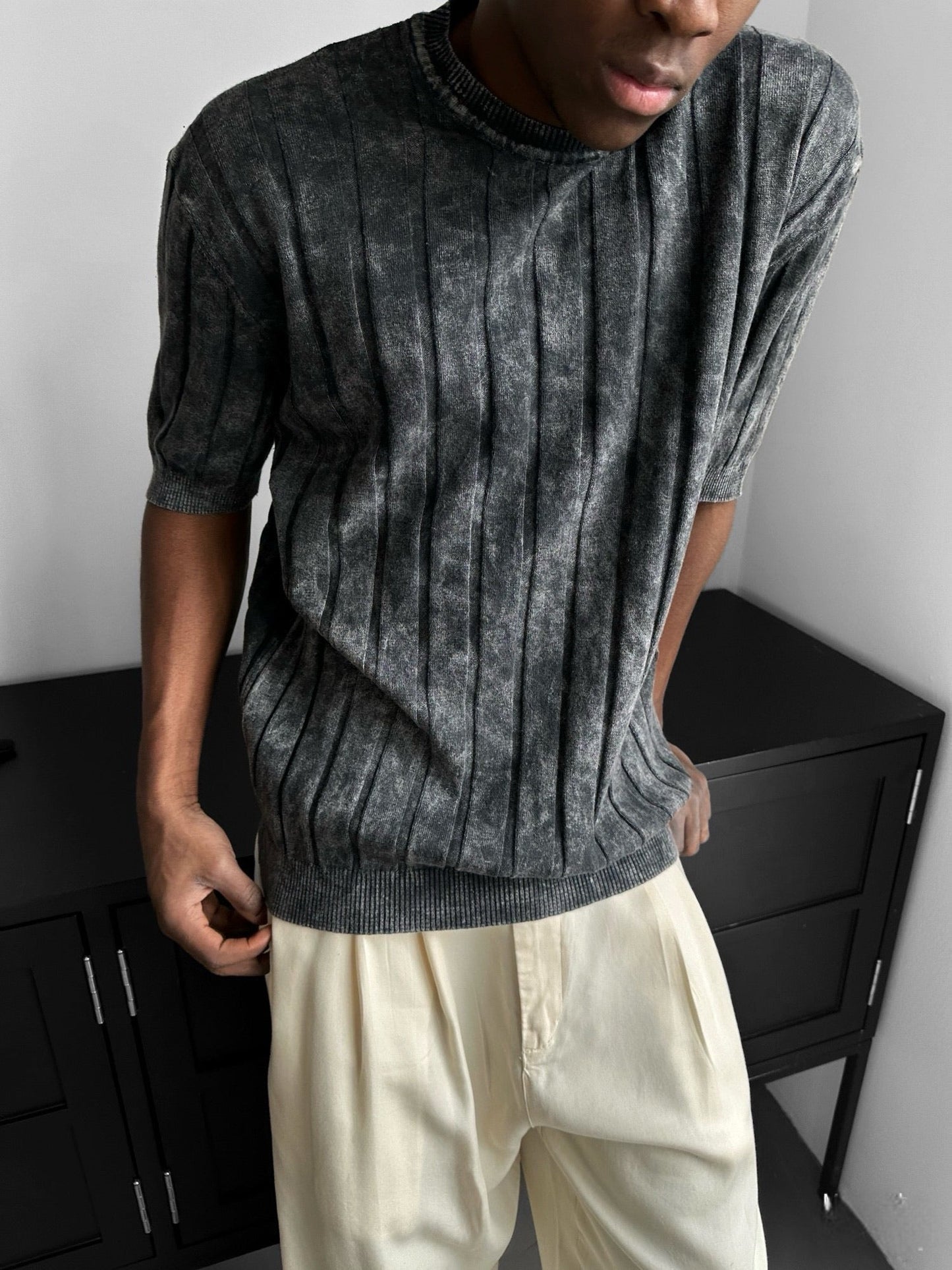Slim Fit Washed Lines Knit T-Shirt - Anthracite