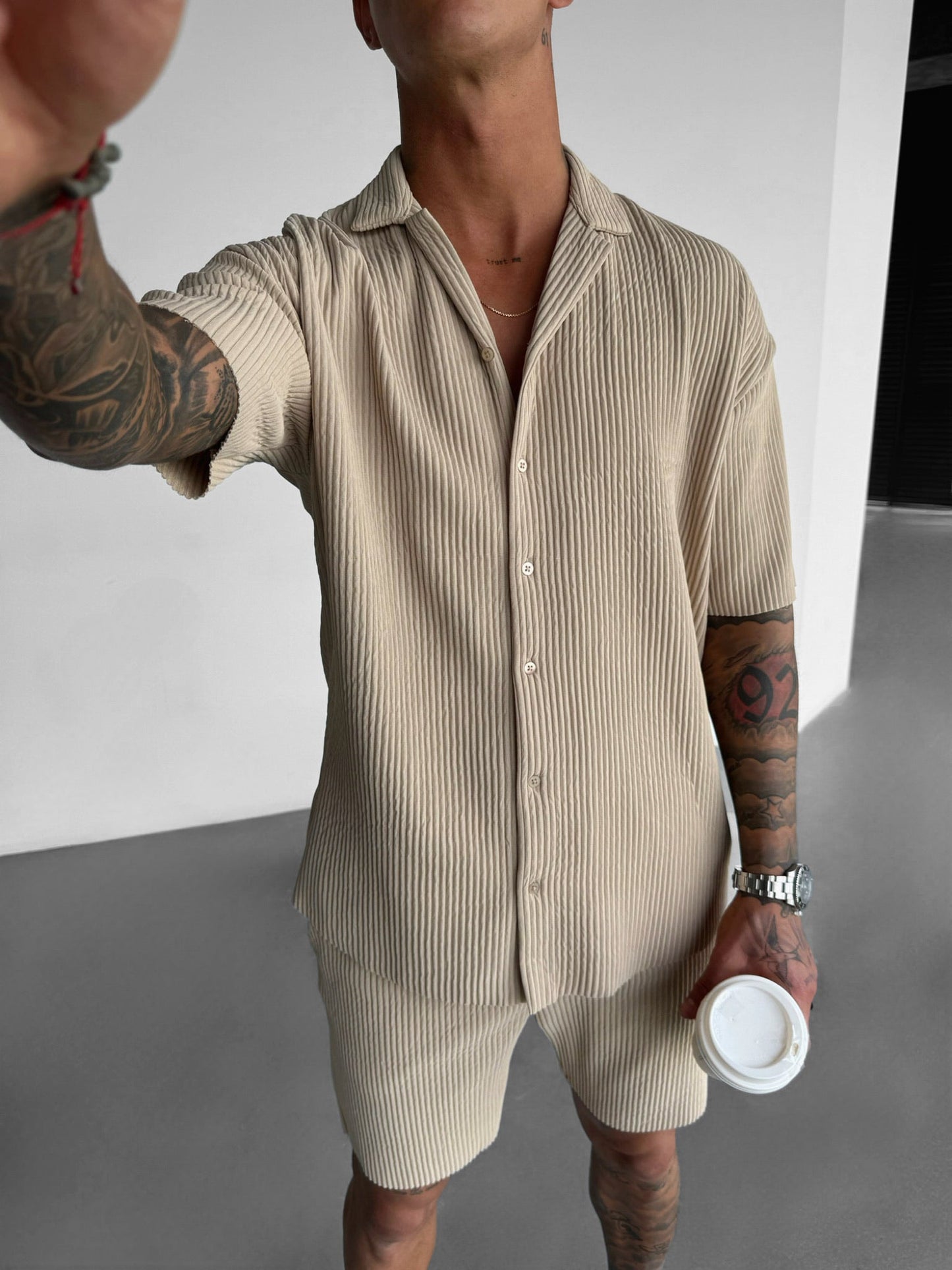 Oversize Ribbed Shirt - Beige