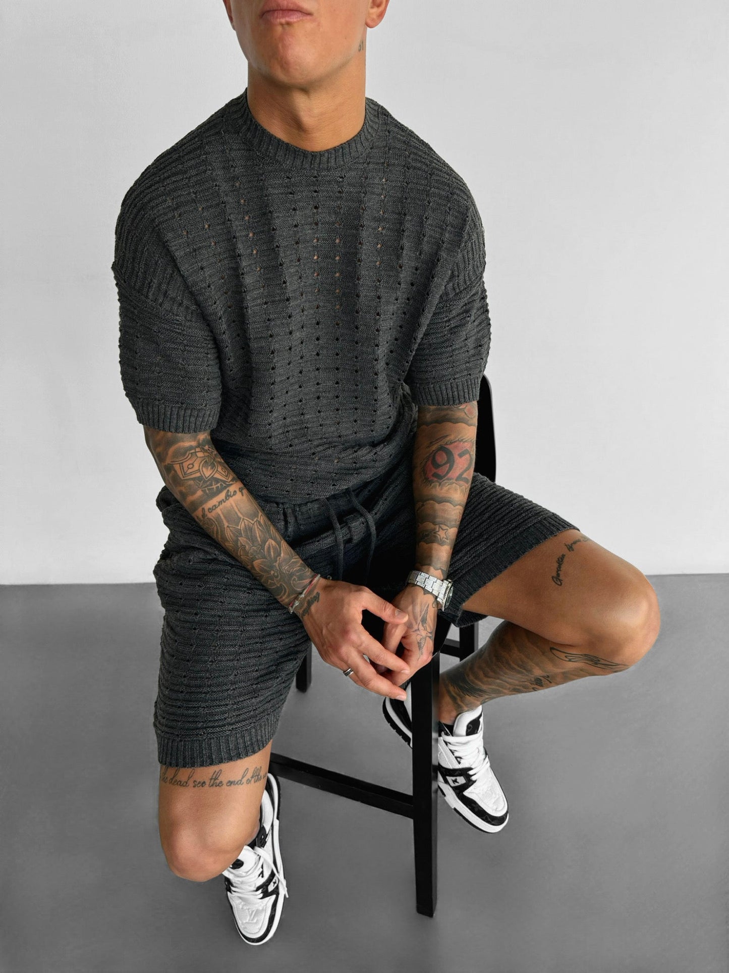 Oversized Gaten Gebreid T-shirt - Antraciet