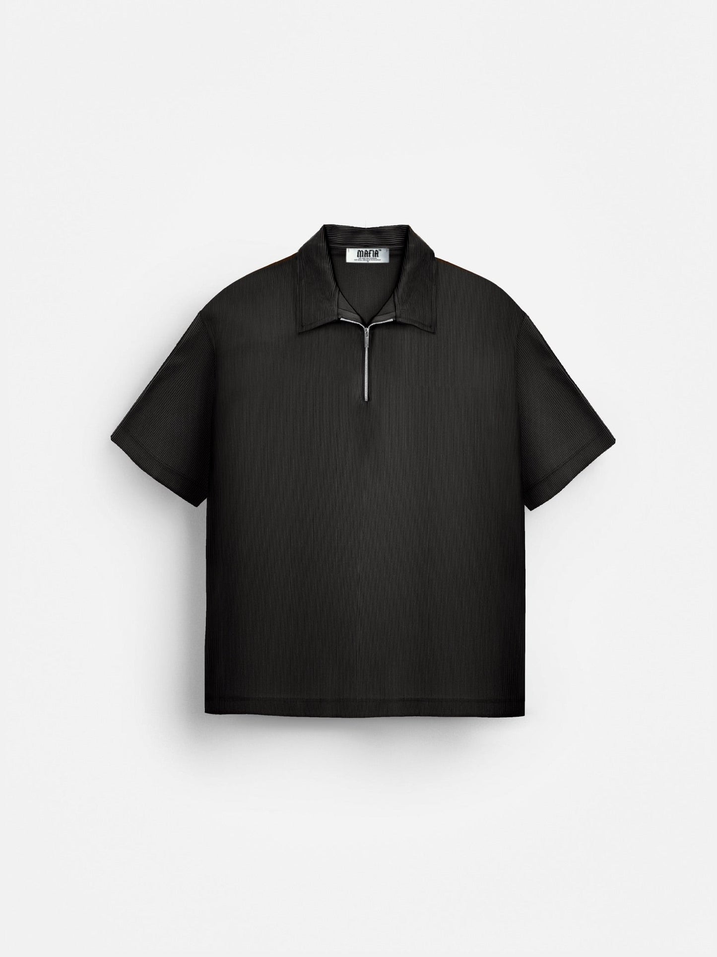 Oversized Layered Zip Polo T-shirt - Black