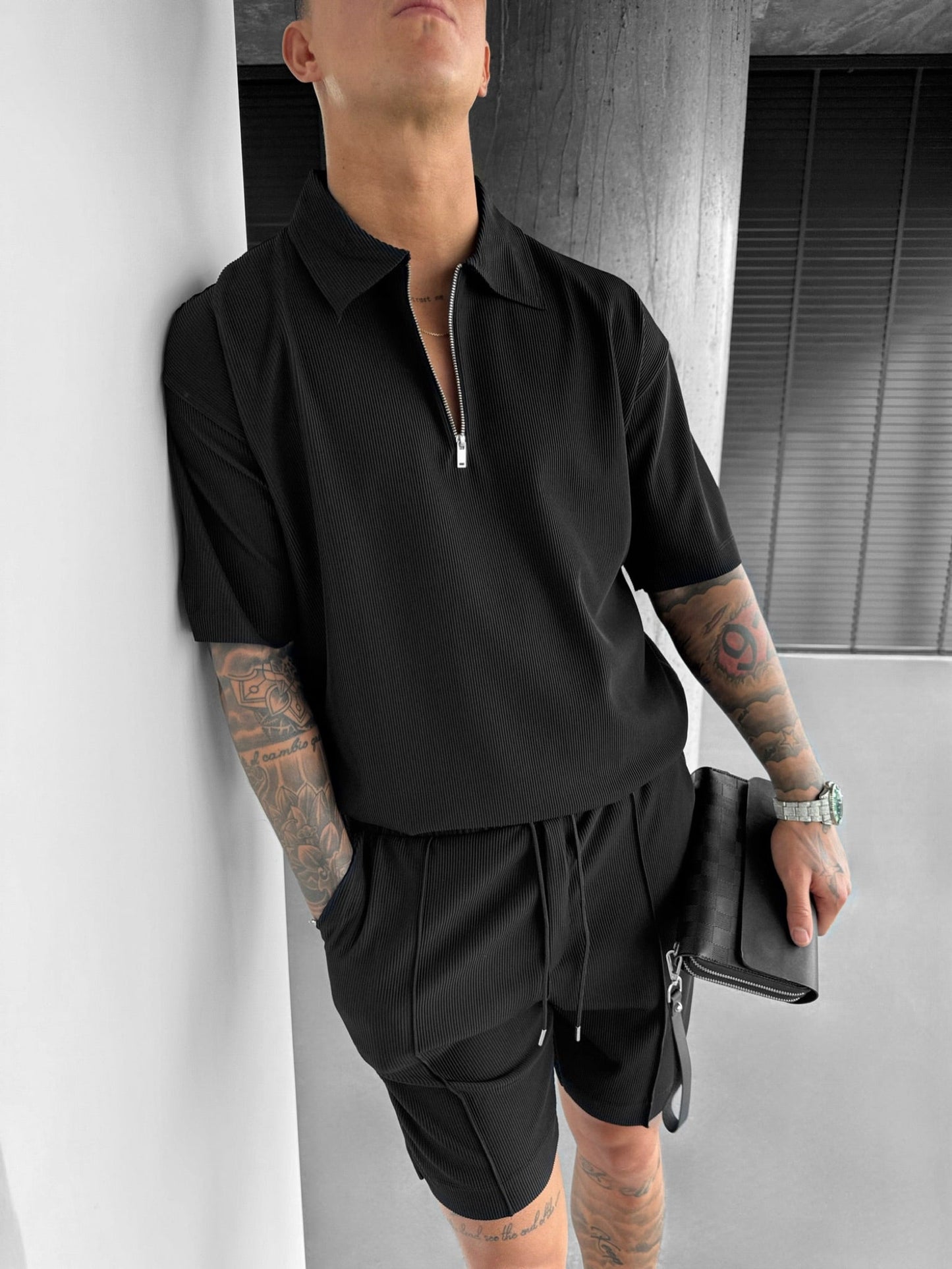 Oversized Layered Zip Polo T-shirt - Black