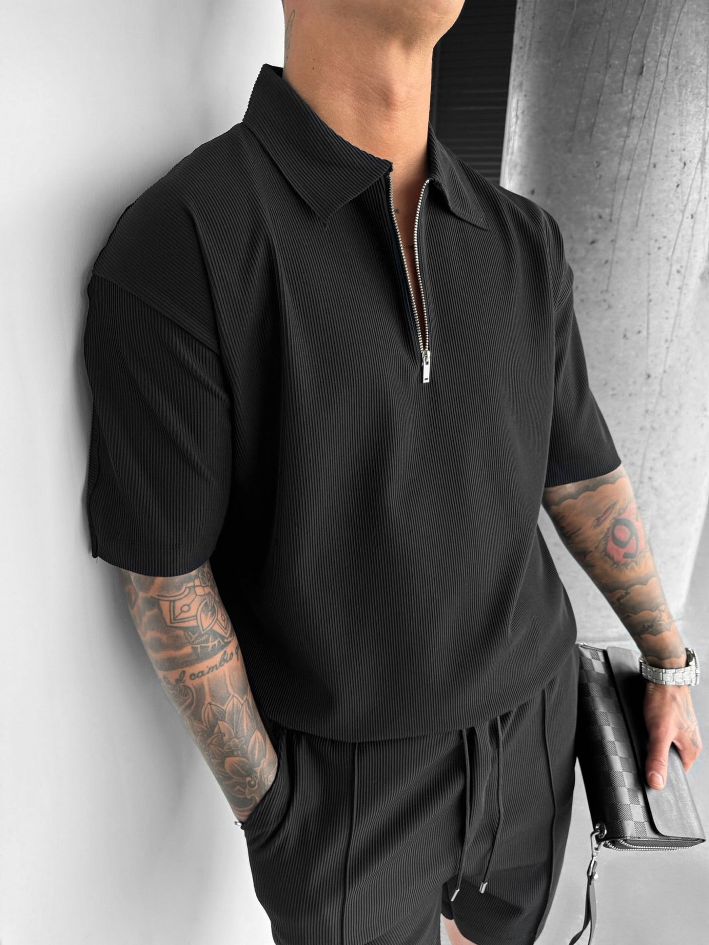 Oversized Layered Zip Polo T-shirt - Black