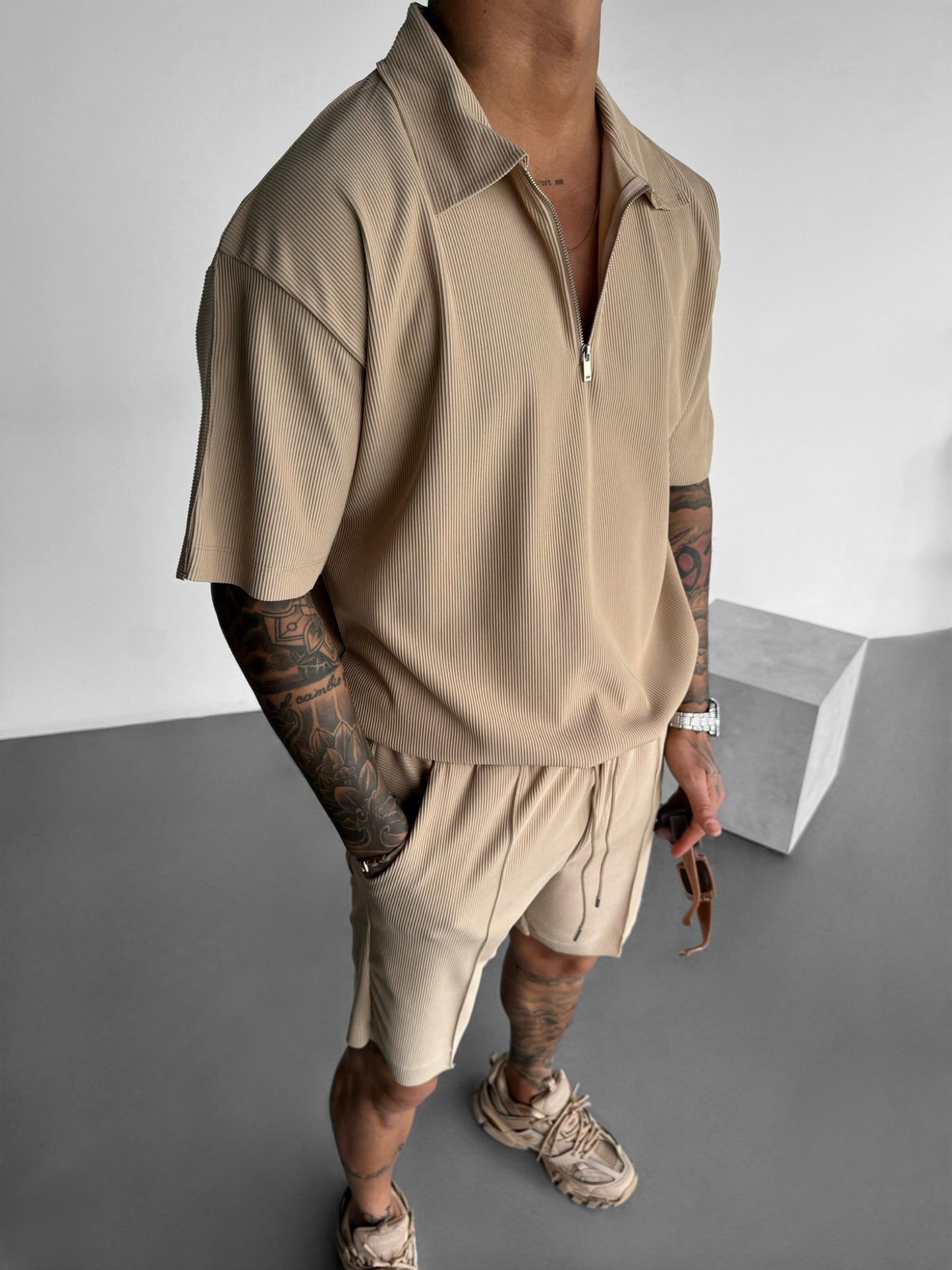Oversized Layered Zip Polo T-shirt - Beige