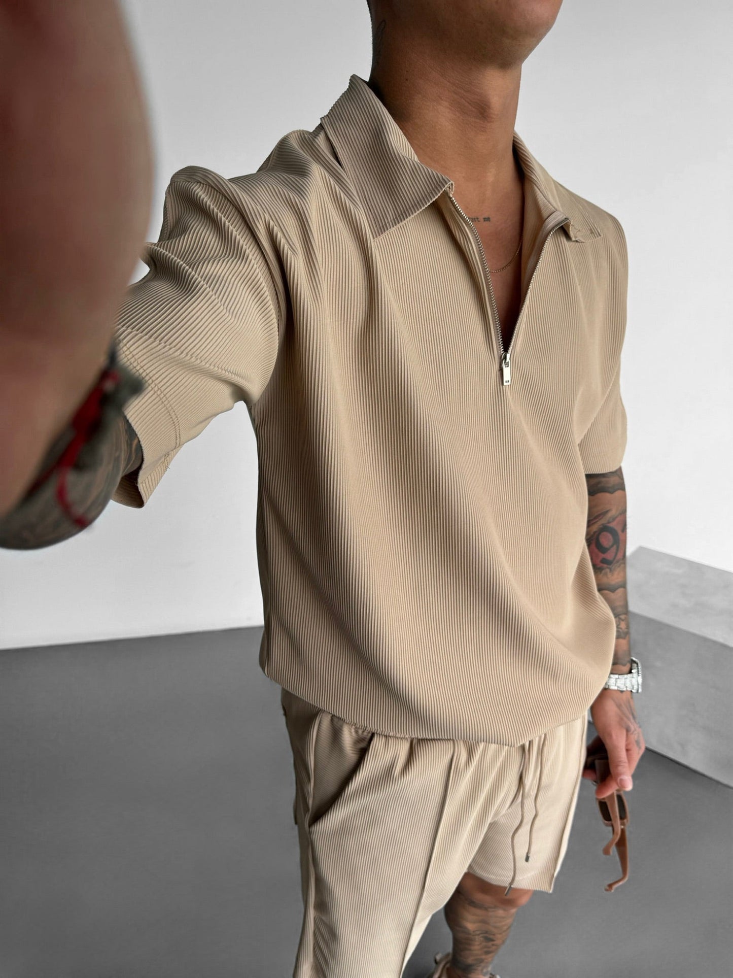 Oversized Layered Zip Polo T-shirt - Beige