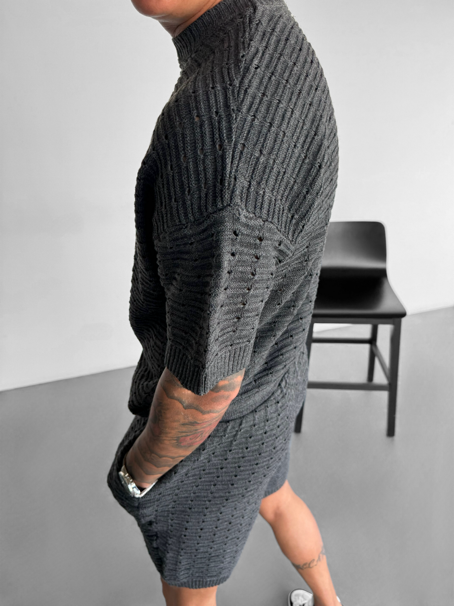 Oversized Gaten Gebreid T-shirt - Antraciet
