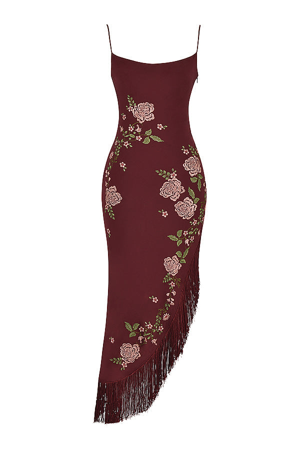 Lilian | Elegante Geborduurde Midi Jurk met Fringe Afwerking