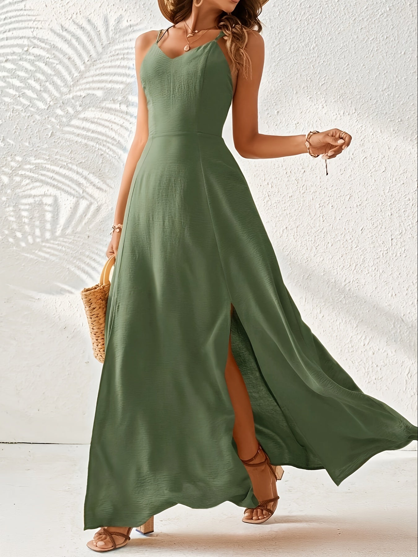 Liz | Elegante Groene Maxi Jurk met Kruisbandjes en Split
