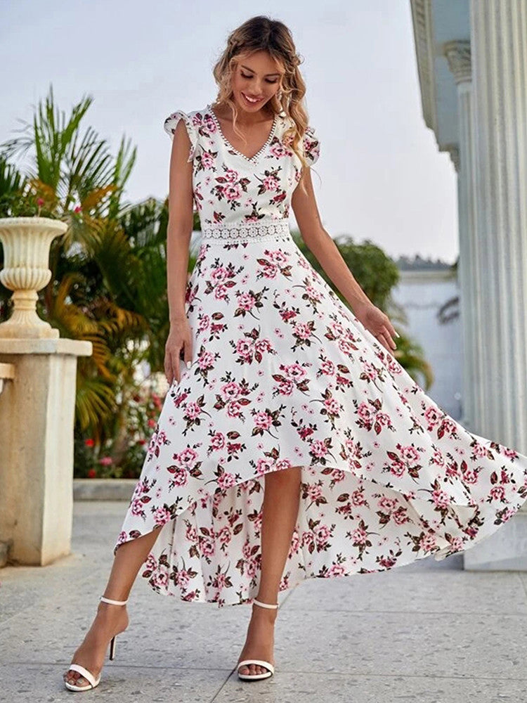 Madelief | Elegante Asymmetrische Bloemenjurk met Kant