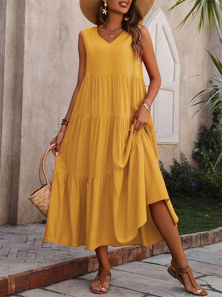 Mariëlle | Zomerse Casual Maxi Jurk met V-Hals en Ruches