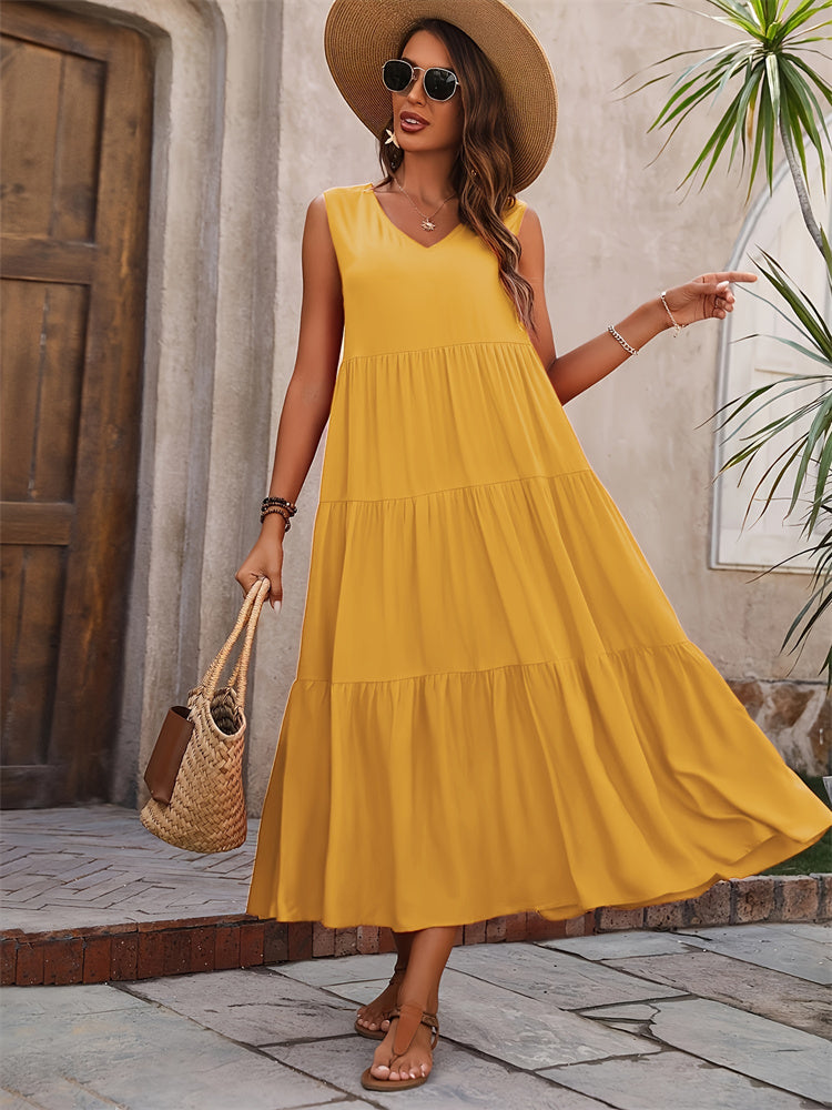 Mariëlle | Zomerse Casual Maxi Jurk met V-Hals en Ruches