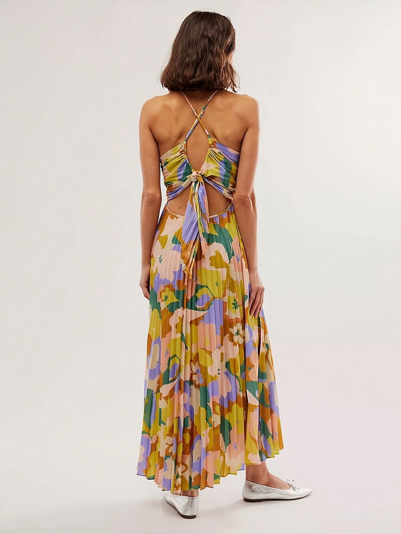 Marit | Bohemian Maxi Jurk met Abstracte Print en Plissé Rok