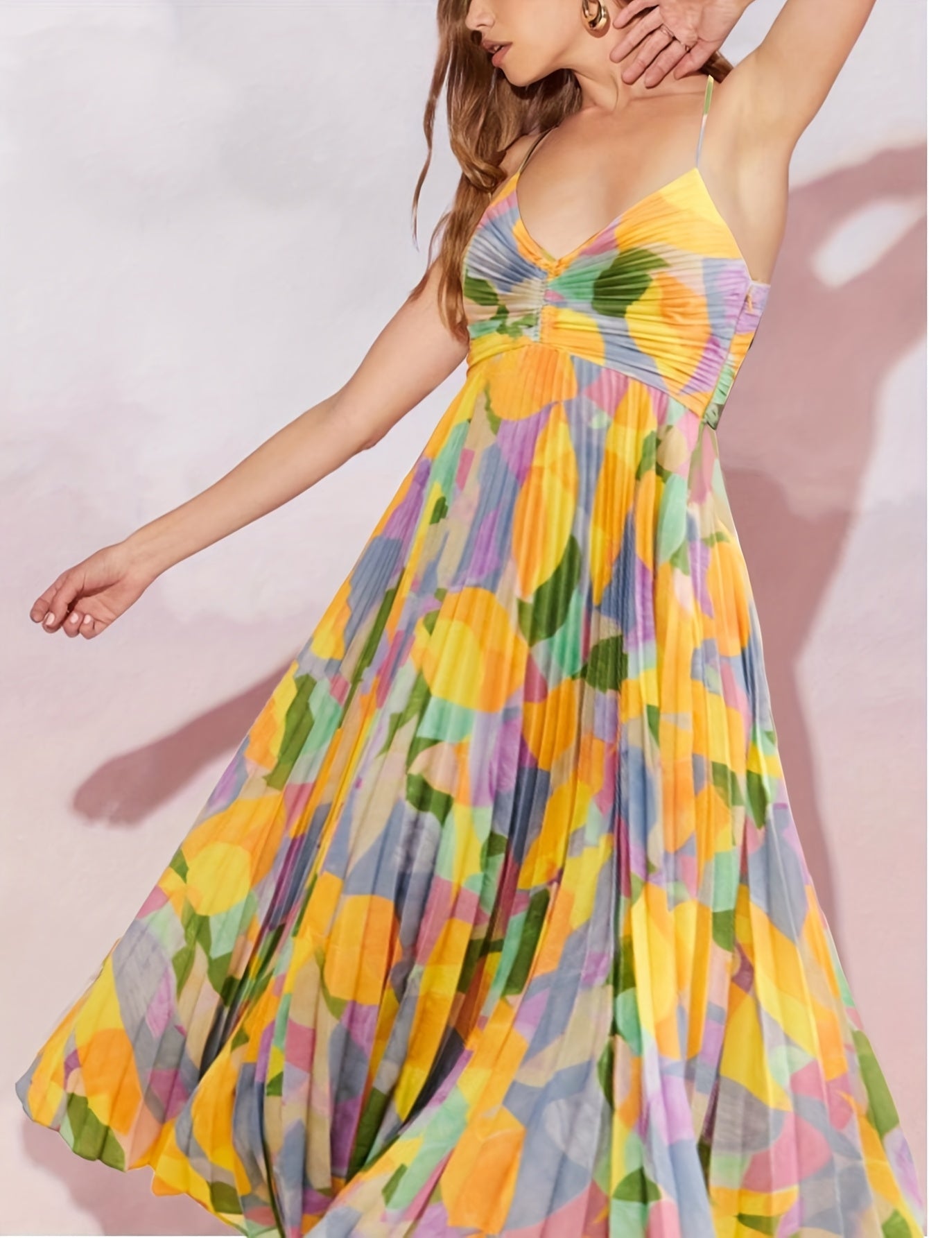 Marit | Bohemian Maxi Jurk met Abstracte Print en Plissé Rok
