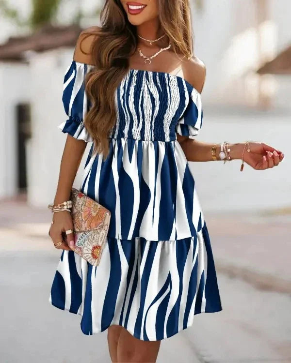 Matilda | Schattige Off-Shoulder Midi Jurk met Fleurige Print