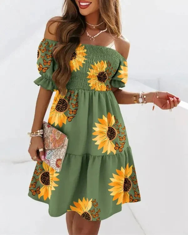 Matilda | Schattige Off-Shoulder Midi Jurk met Fleurige Print