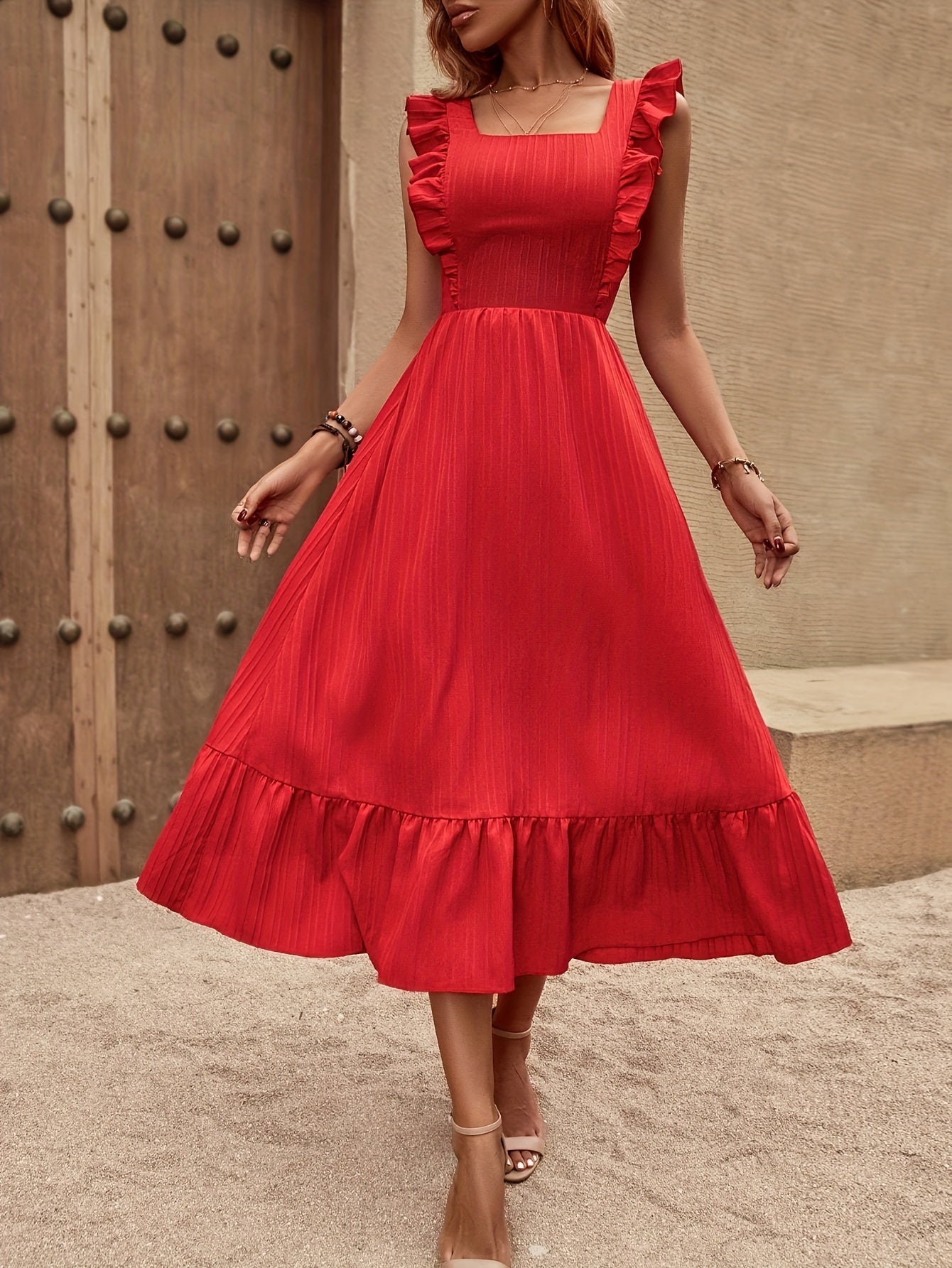 Megan | Elegante Rood Zomerjurk met Taille Ceintuur en Ruches