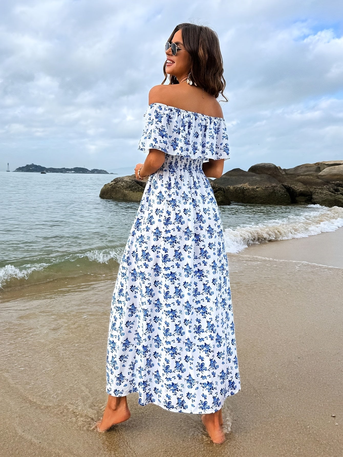 Mina | Off-Shoulder Zomerjurk met Bloemenprint en Split