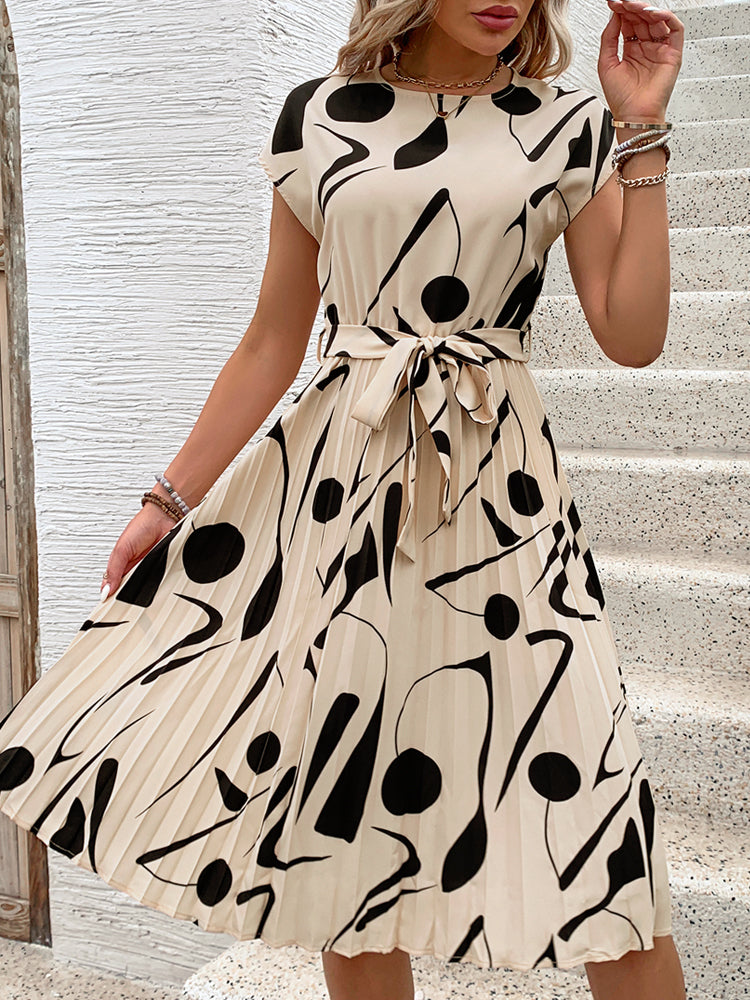 Monica | Elegante Geplooide Midi Jurk met Strikceintuur