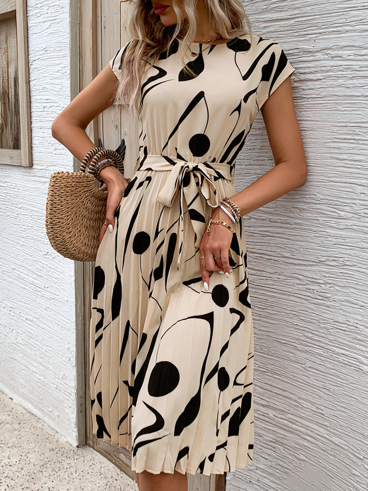 Monica | Elegante Geplooide Midi Jurk met Strikceintuur