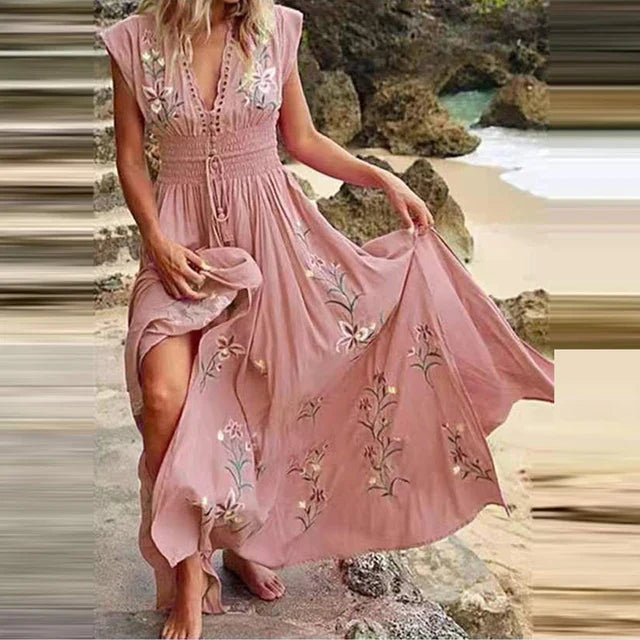 Odessa | Bohemian Maxi Jurk met V-Hals en Elegante Borduursels