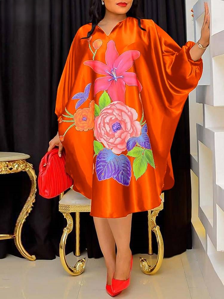Pamela | Elegante Bohemian Midi Jurk met Bloemenprint en Batwing Mouwen