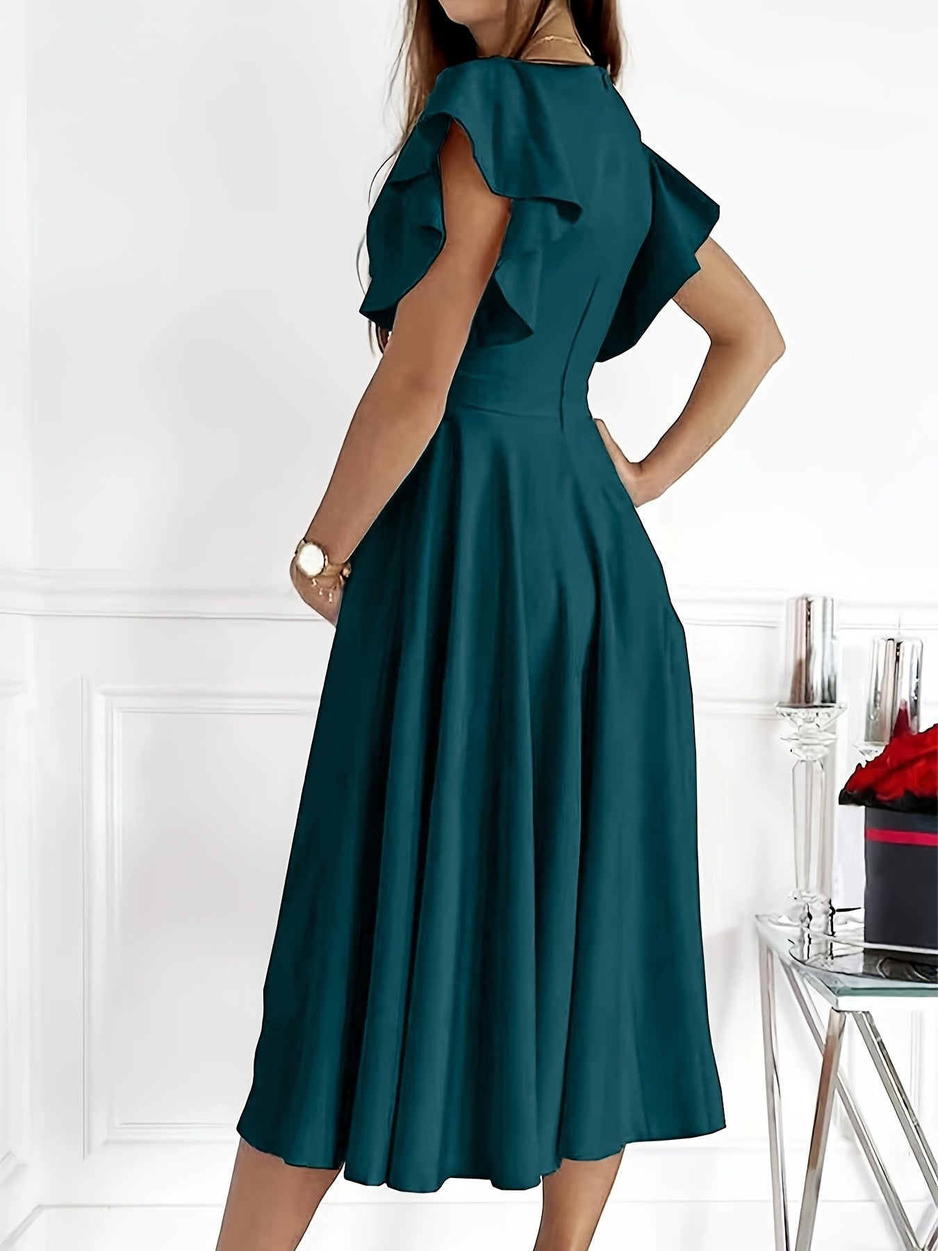 Teresa | Blauwgroene Midi Jurk met Volants Mouwen