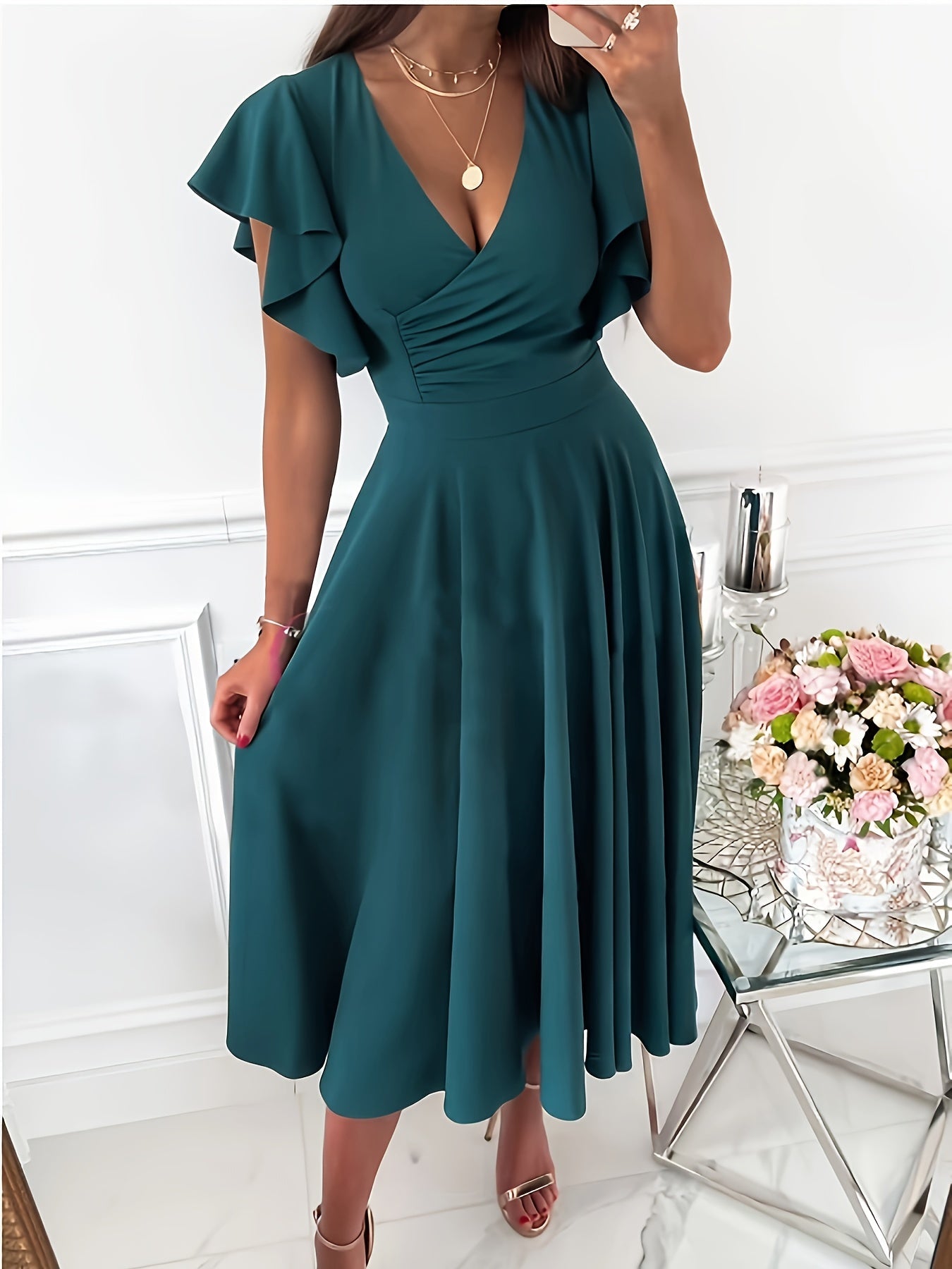 Teresa | Blauwgroene Midi Jurk met Volants Mouwen