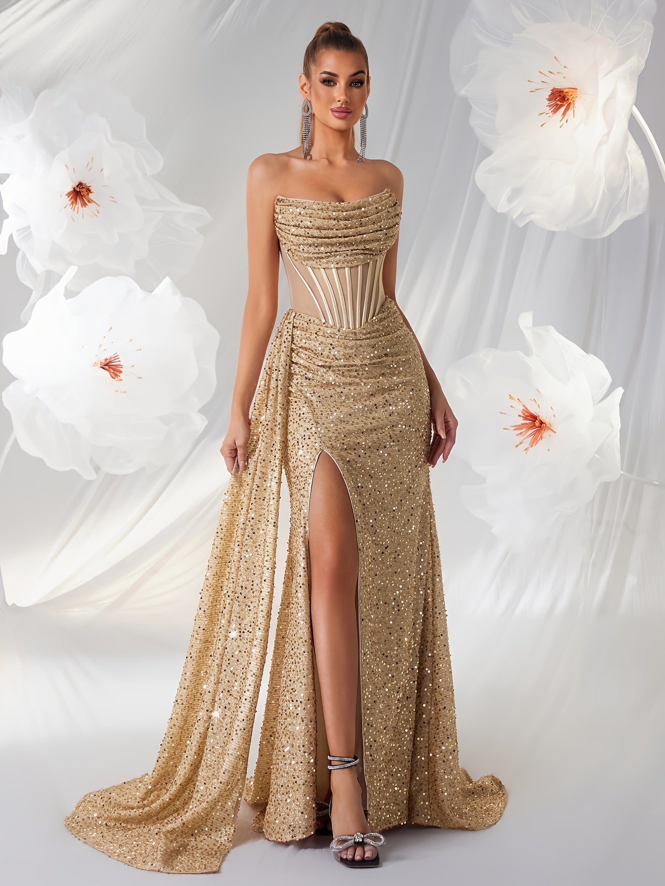 Tess | Luxe Strapless Galajurk met Lovertjes en Hoge Split
