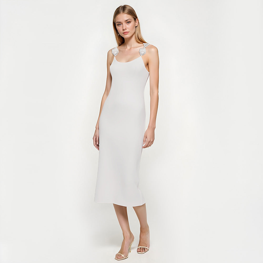 Violet | Elegante Open Rug Midi Jurk met Bloemdetails
