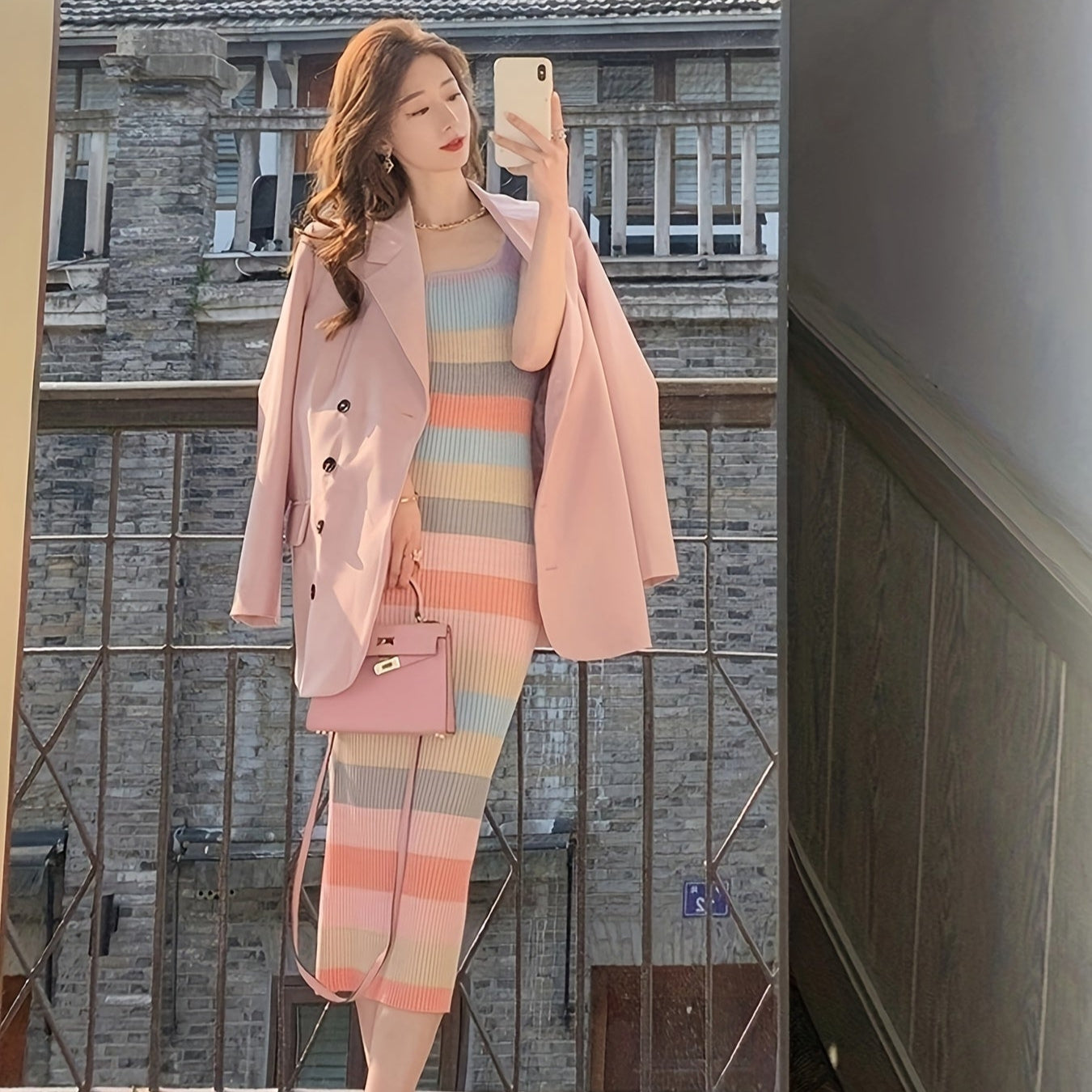 Vivian | Gestreepte Bodycon Maxi Jurk met Vierkante Hals