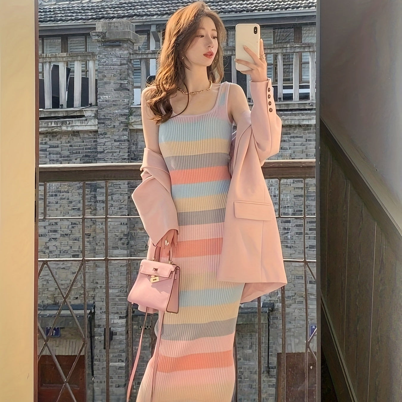 Vivian | Gestreepte Bodycon Maxi Jurk met Vierkante Hals