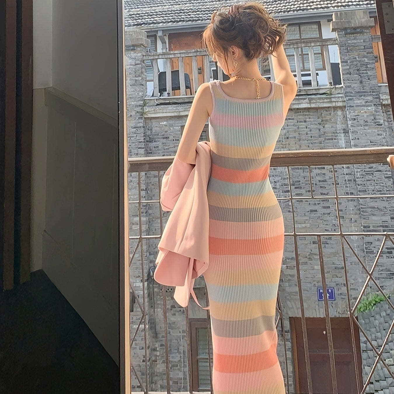 Vivian | Gestreepte Bodycon Maxi Jurk met Vierkante Hals