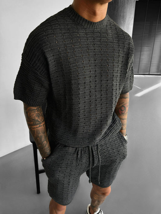 Oversized Gaten Gebreid T-shirt - Antraciet