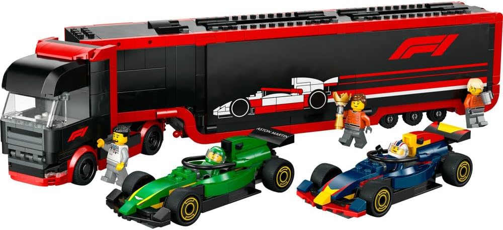 LEGO City F1 truck met RB20 en AMR24 F1