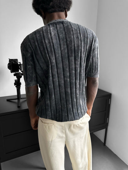 Slim Fit Washed Lines Knit T-Shirt - Anthracite