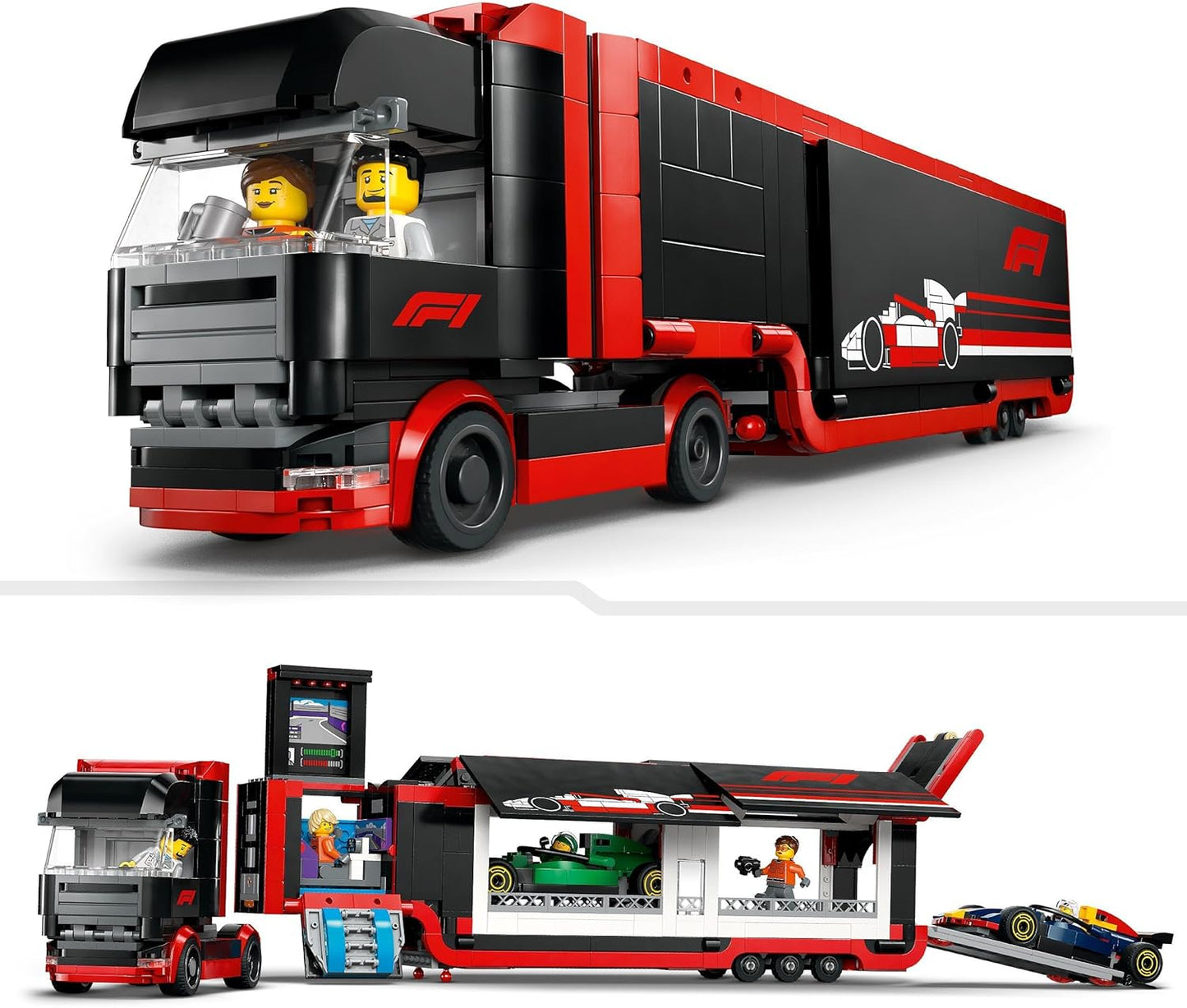 LEGO City F1 truck met RB20 en AMR24 F1
