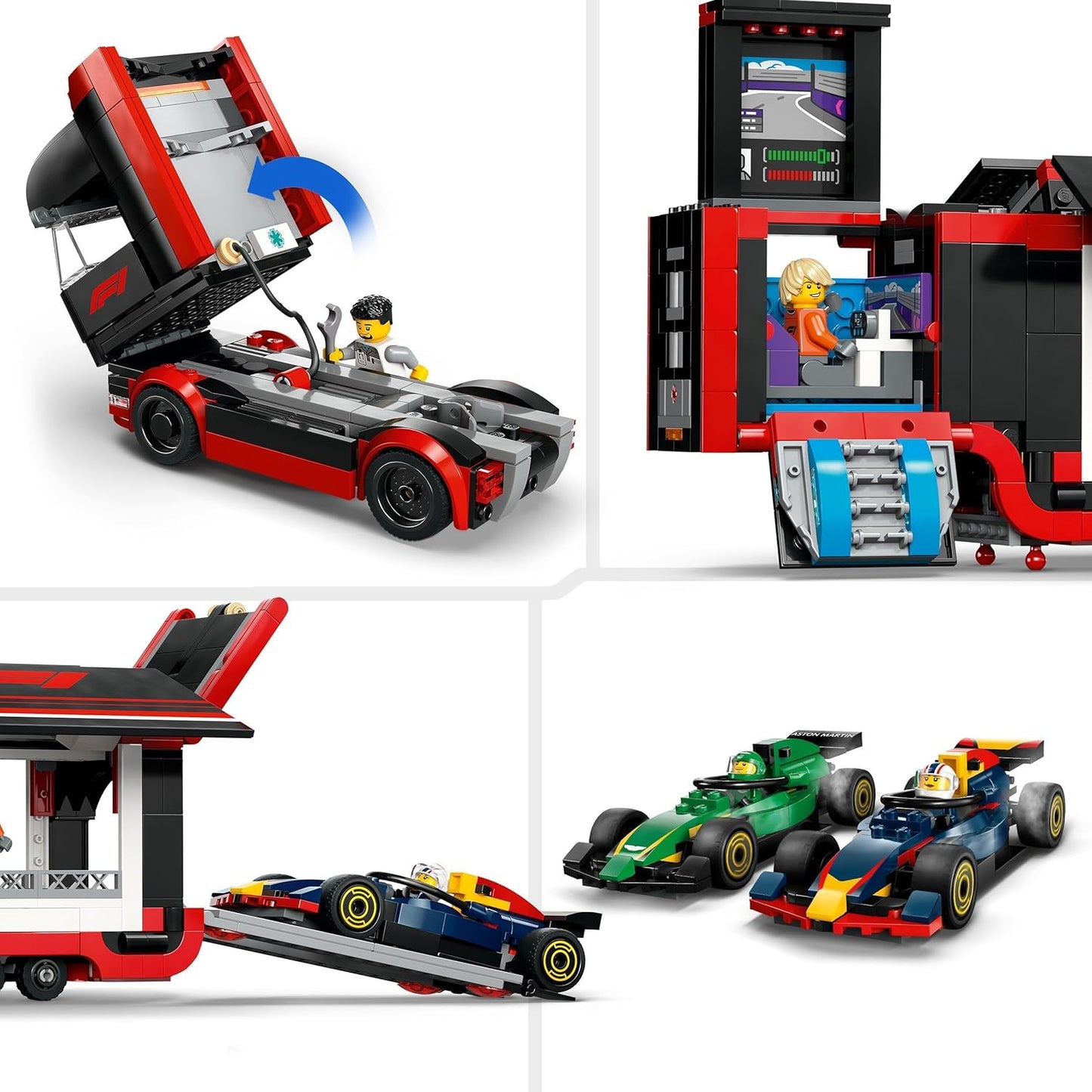 LEGO City F1 truck met RB20 en AMR24 F1