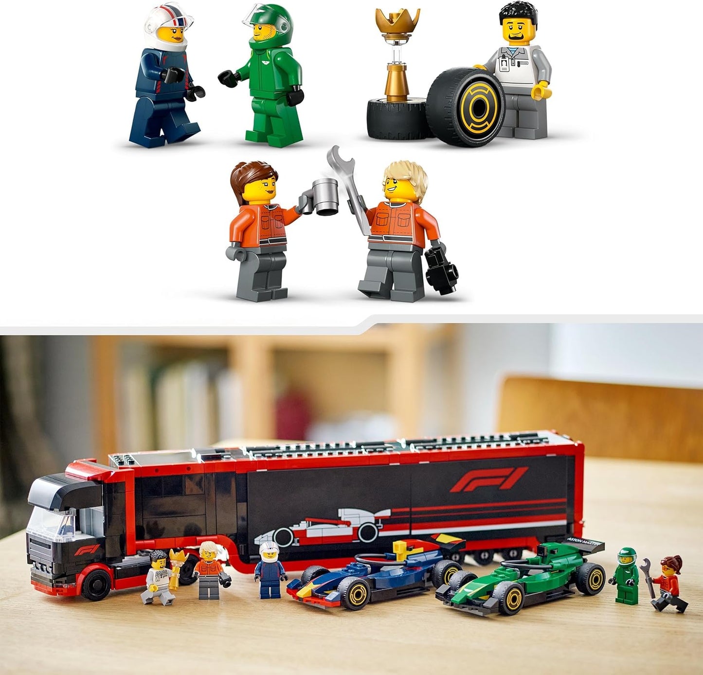 LEGO City F1 truck met RB20 en AMR24 F1