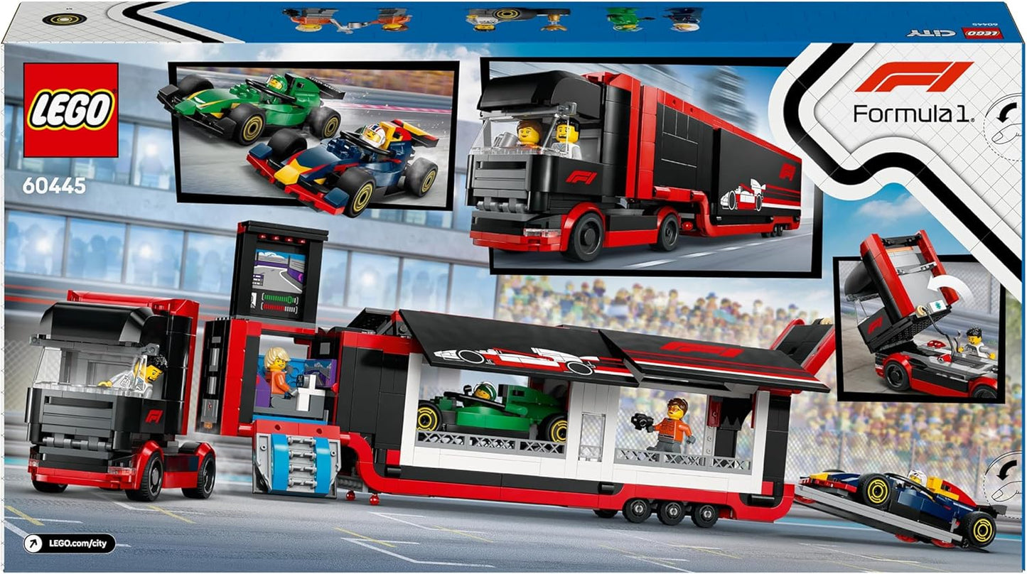 LEGO City F1 truck met RB20 en AMR24 F1