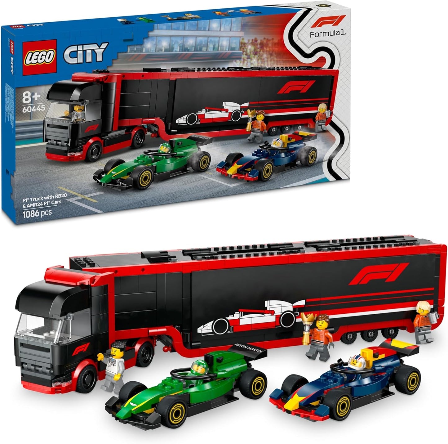 LEGO City F1 truck met RB20 en AMR24 F1